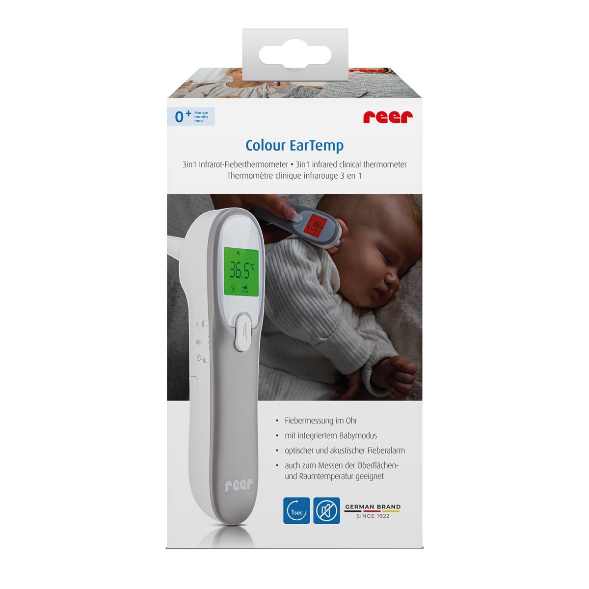 Emballage avec thermomètre auriculaire. Texte : Colour EarTemp, 3en1. Marque : reer.