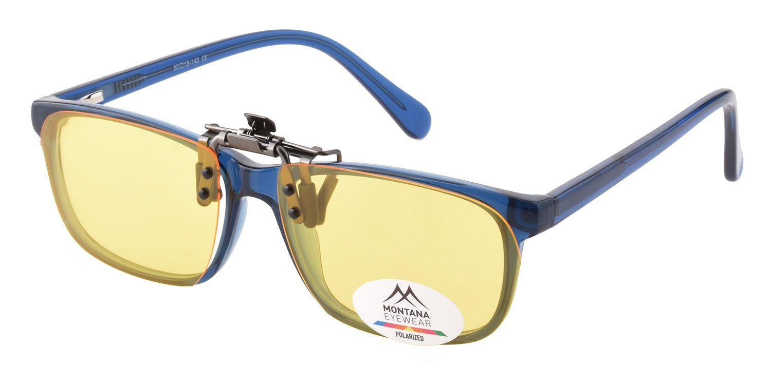 Lunettes de soleil clip-on Montana Eyewear Mauritius avec monture bleue. Verres jaunes, clip métal, logo Polarized.