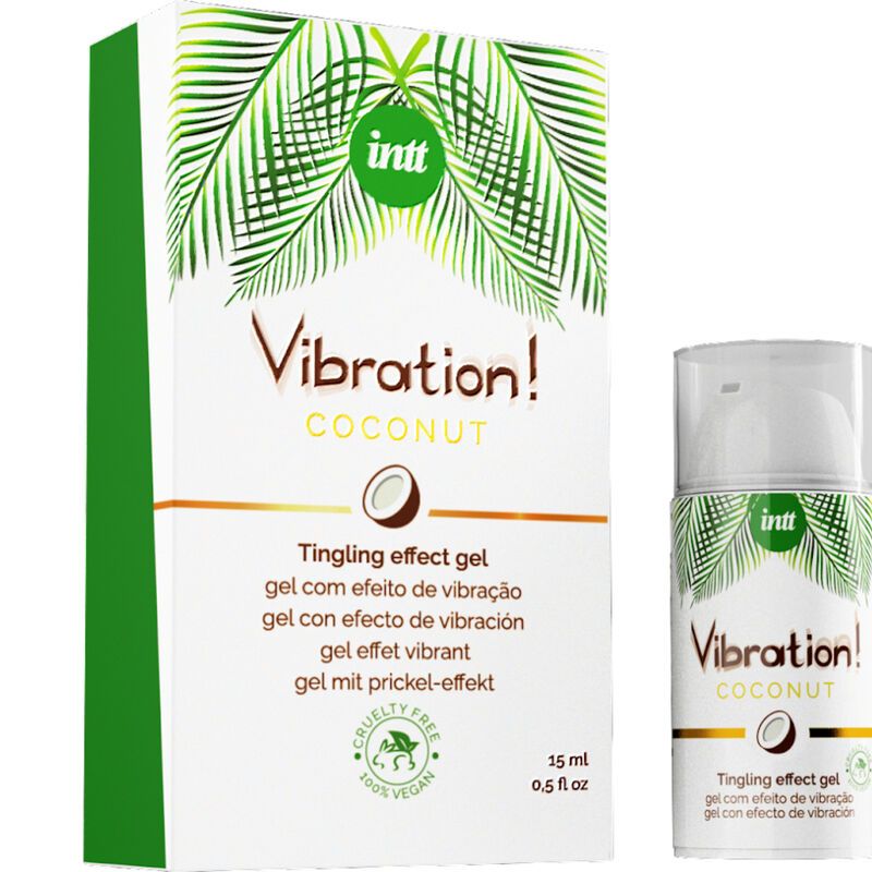 Product en verpakking. Witte dispenser en doos met opschrift Vibration! Coconut. Tekst: Tingling effect gel. 15 ml, 0.5 fl oz.
