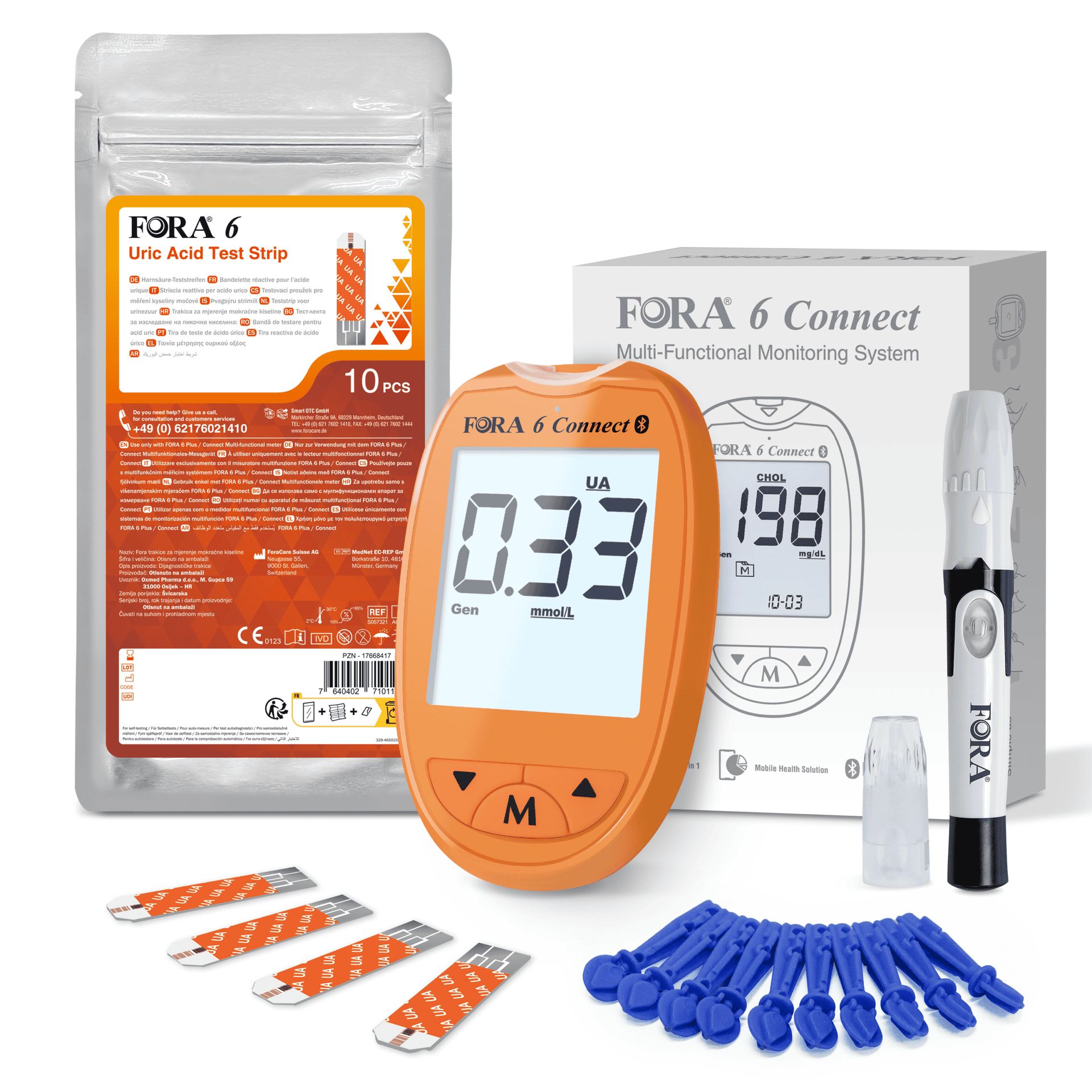 FORA 6 Connect meter, lancetten en urinezuur teststrips. Oranje meter met digitaal display. Starterkit inbegrepen.