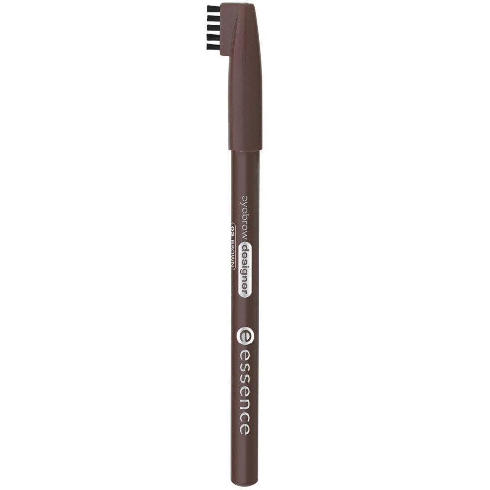 Crayon à sourcils avec brosse. Mine marron foncé, brosse noire. Inscription: eyebrow designer, essence.