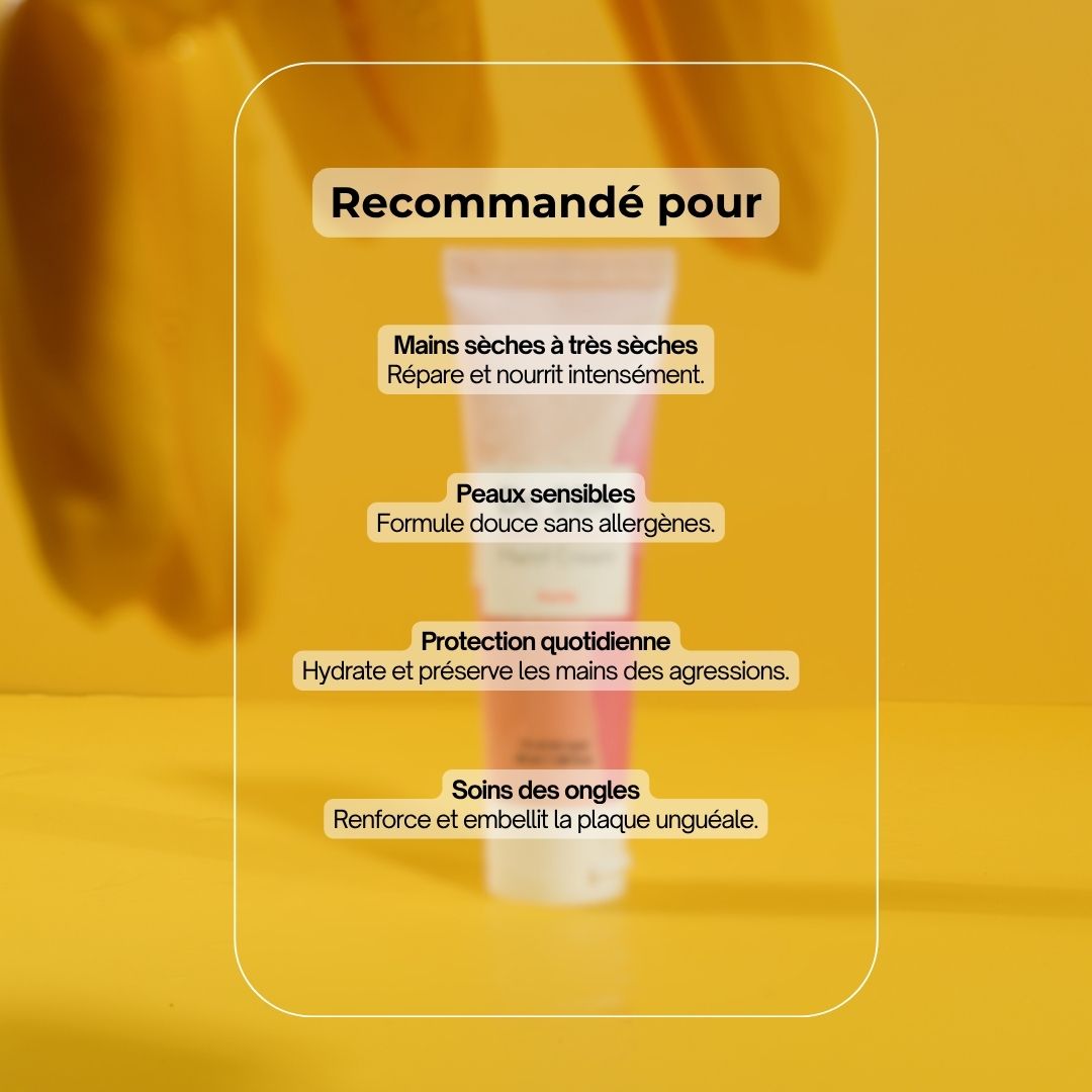 Tube de crème pour les mains, rose et blanc. Texte et illustrations. Recommandé pour les mains sèches, peau sensible, etc.