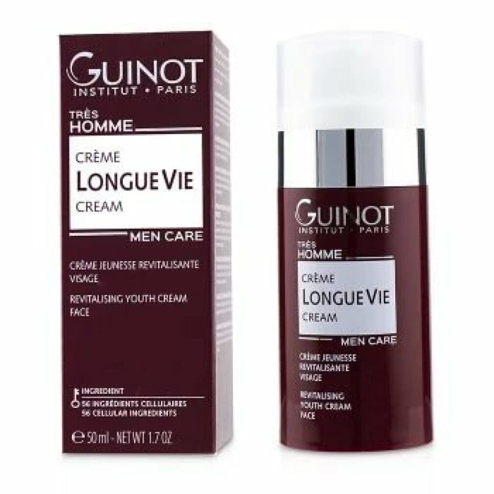 Product en verpakking. Opschrift: Guinot, Trs Homme, Crme Longue Vie, Men Care, Revitalising Youth Cream Face.