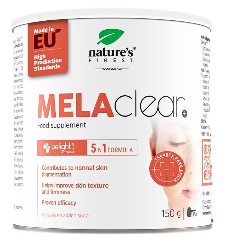 Produit blanc avec texte rouge MELAclear. Boîte avec logo feuille verte. Contient 150g. Fabriqué en UE.