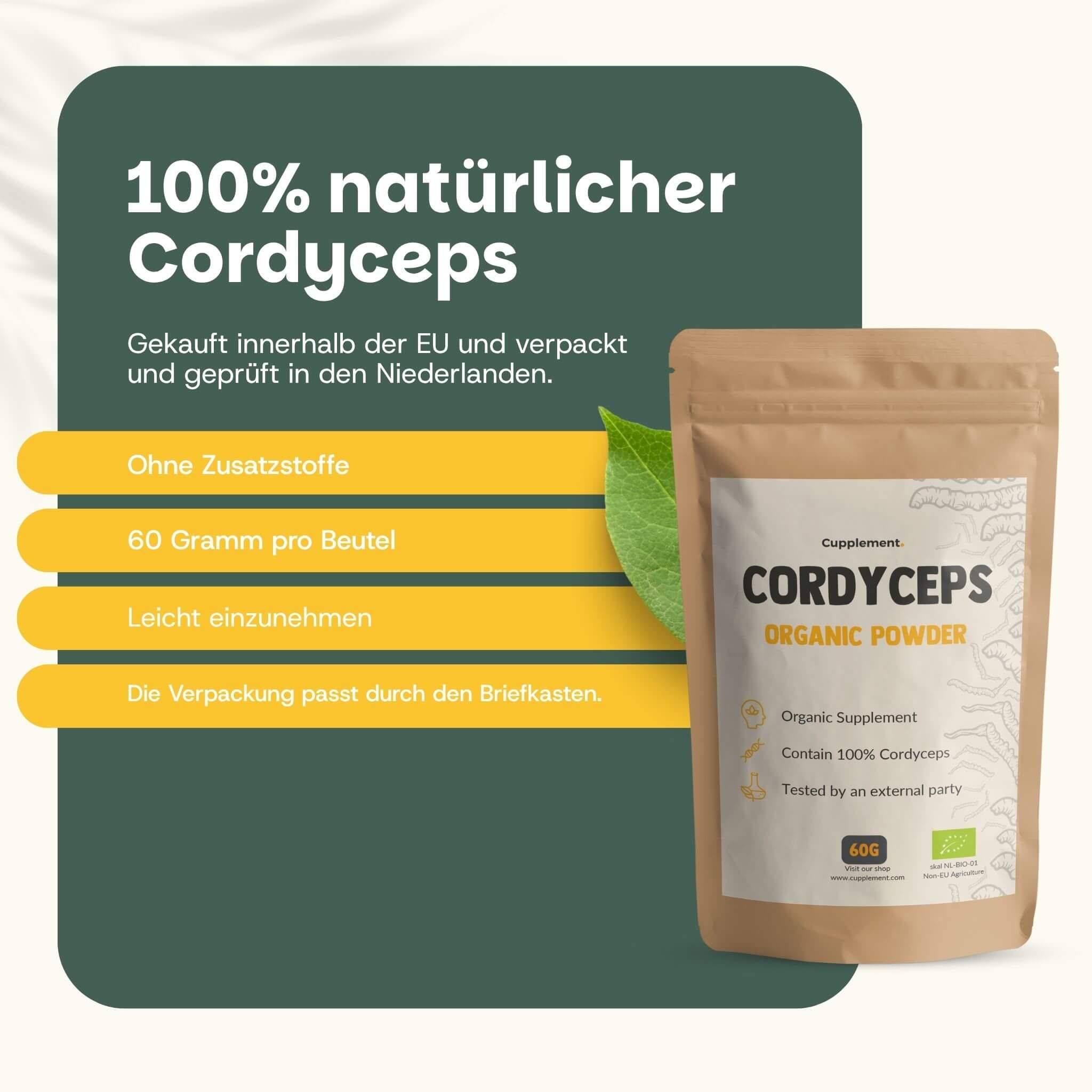 Sachet en papier brun de poudre bio de Cordyceps, 60g. Sans additifs.