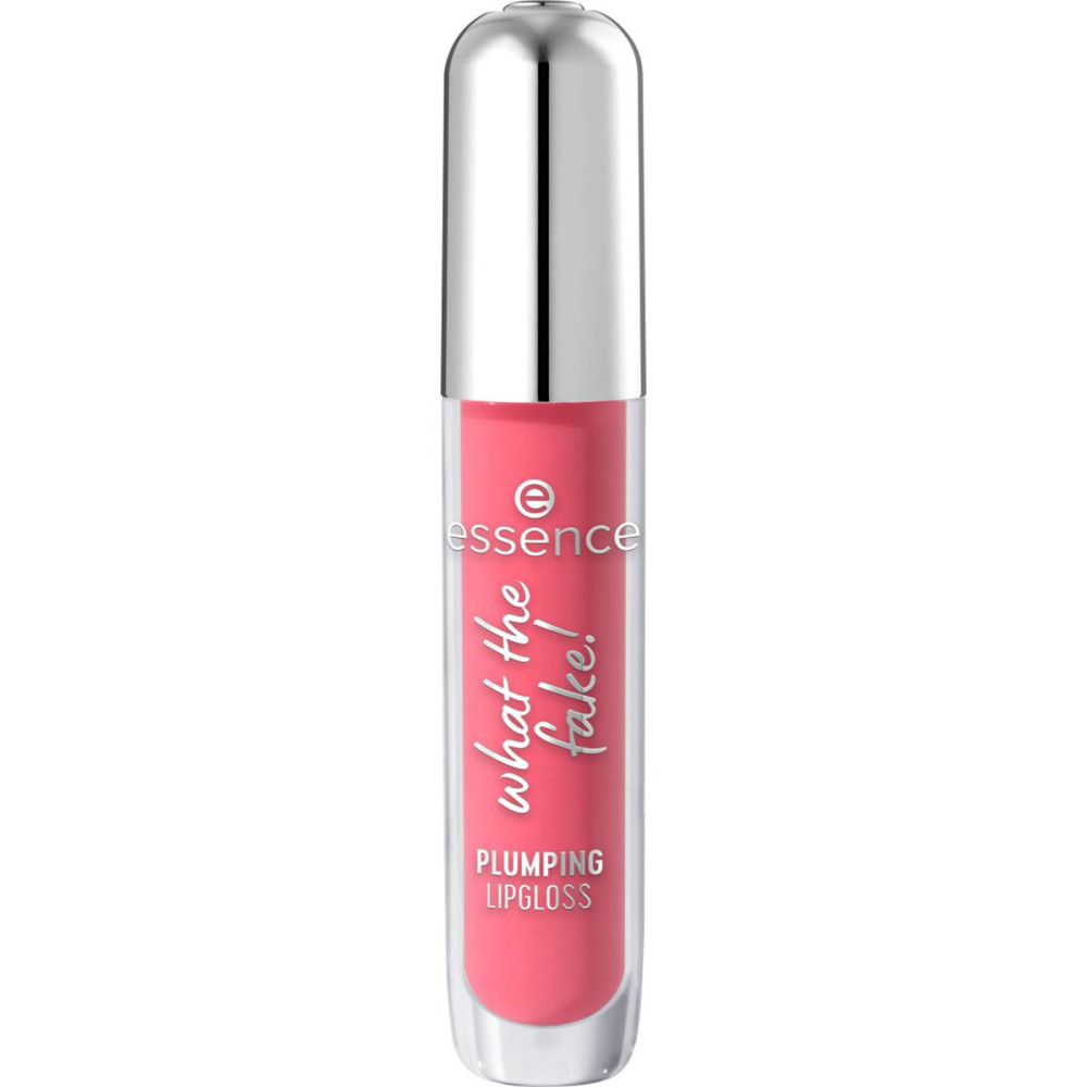 Tube de gloss à capuchon argenté. Contenu rose. Inscription : Essence, What the Fake!, Plumping Lipgloss.