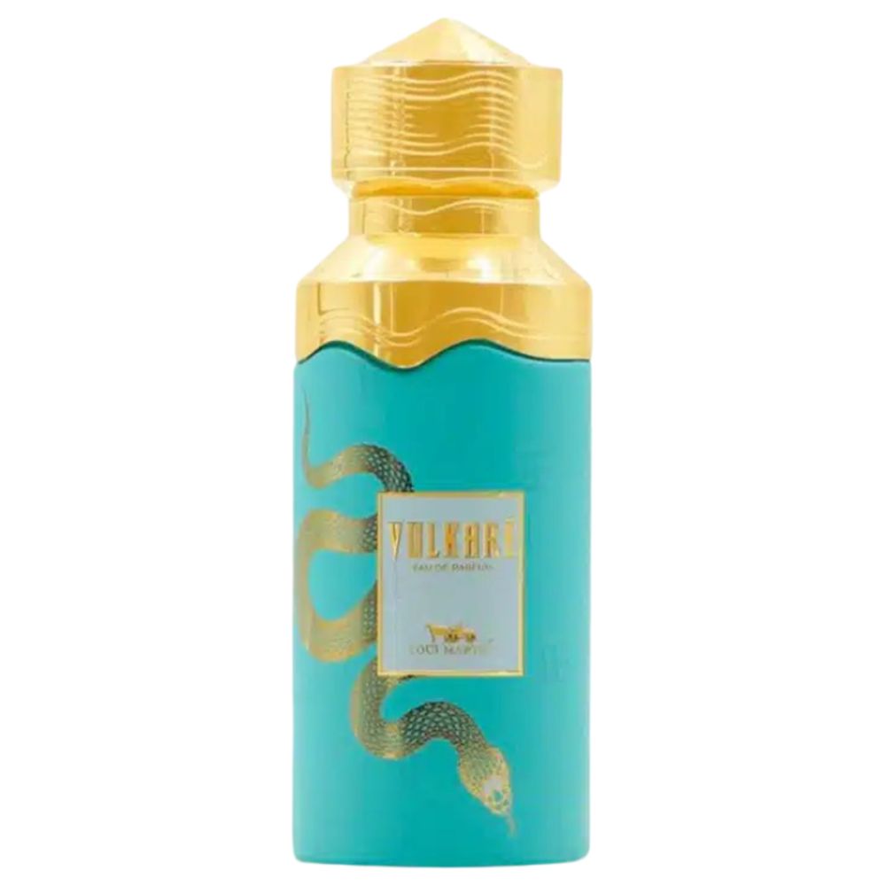 Flacon turquoise, bouchon doré, serpent doré. Inscription Vulkaré Eau de Parfum. Logo.