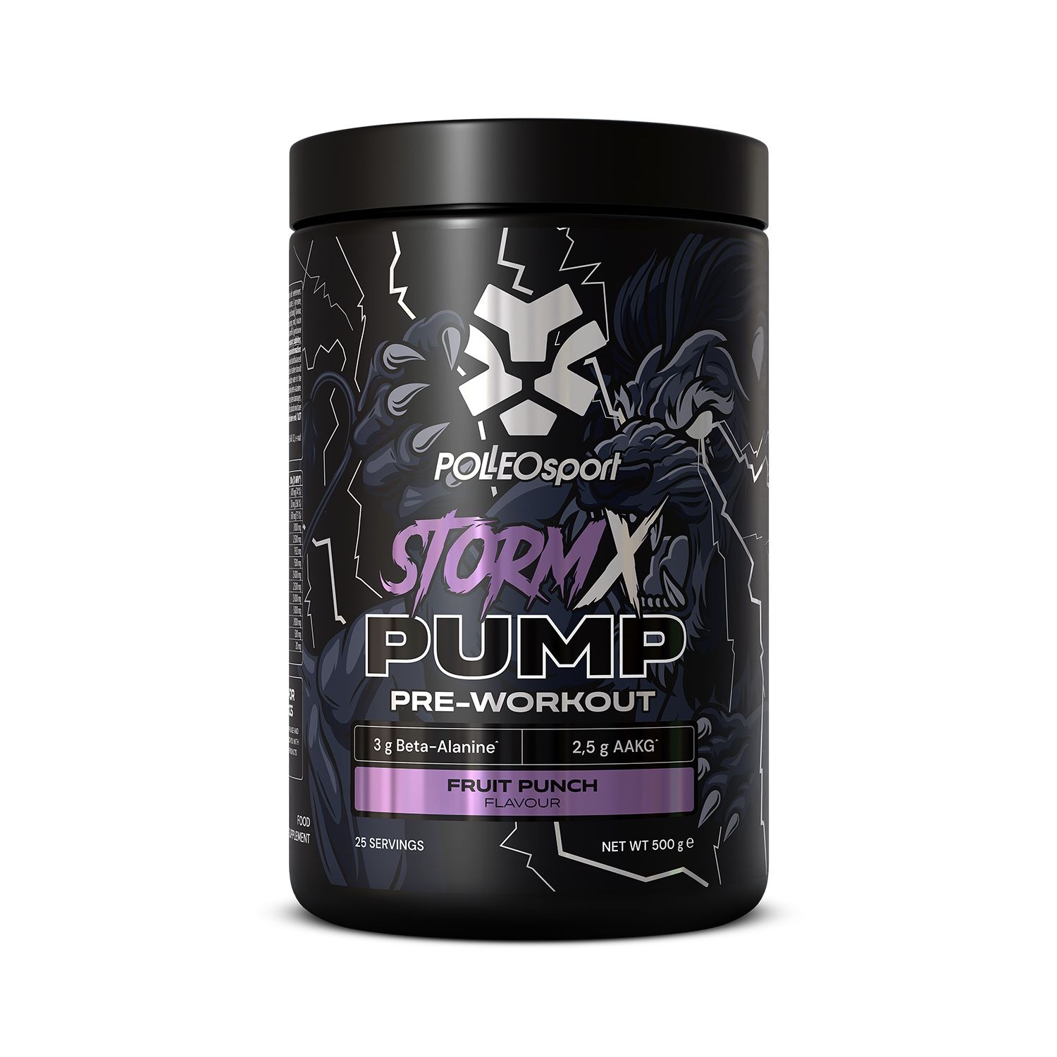 Zwarte pot STORM X PUMP Pre-Workout. Bevat 3g Beta-Alanine en 2,5g AAXG. Smaak Fruit Punch. Netto gewicht 500g.