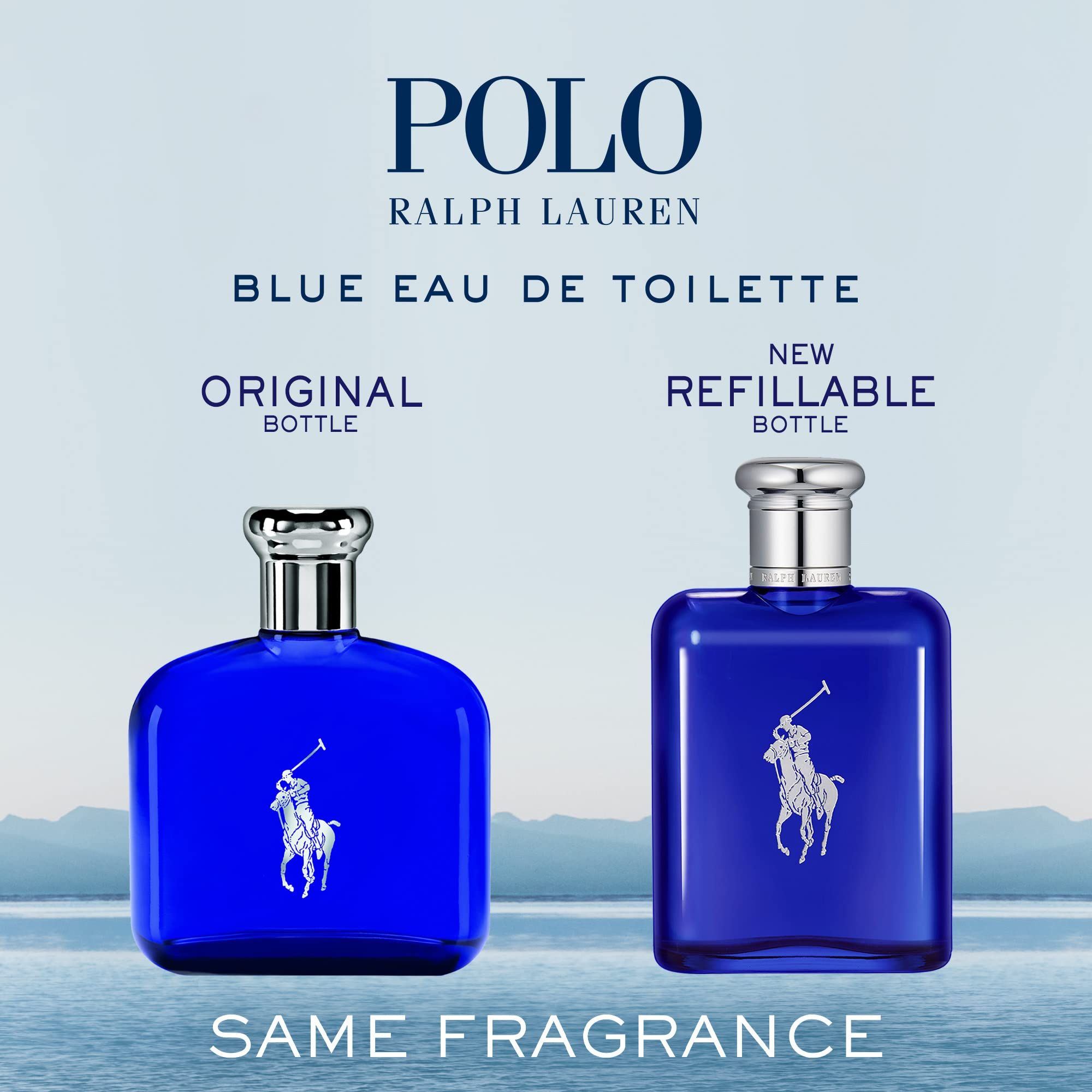 Deux flacons de parfum bleus avec bouchons argentés. Inscription : Original Bottle et Refillable Bottle. Même parfum.
