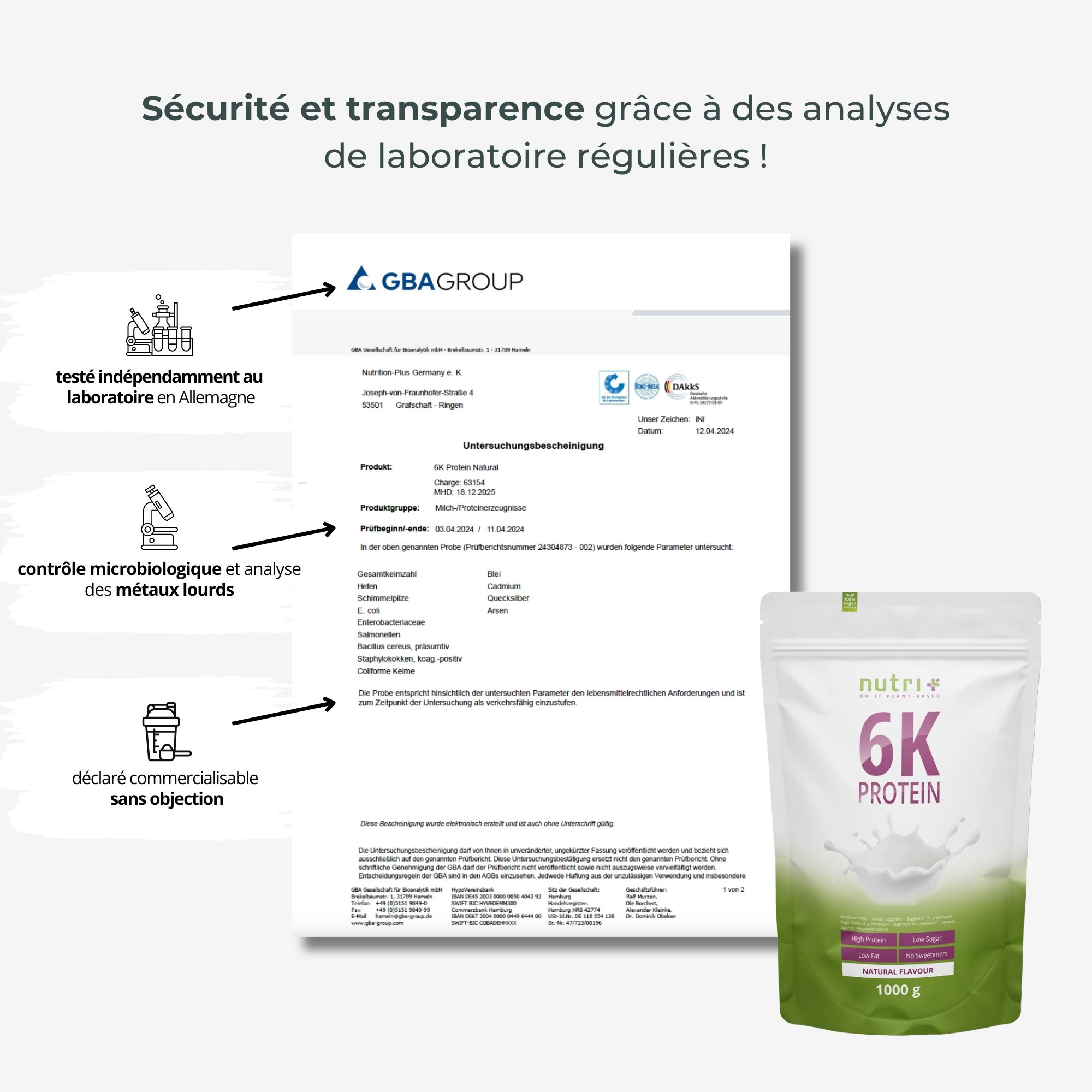 Documents de certification et sachet de protéines. Analyses de laboratoire pour la sécurité et la transparence.
