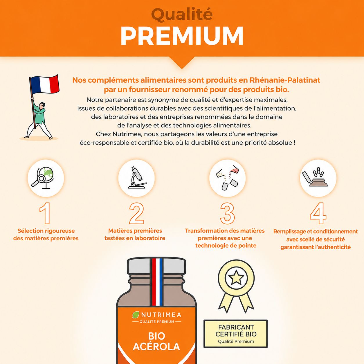 Bouteille de complément alimentaire Nutrimea Bio Acerola. Sceaux "Qualité Premium" et "Fabricant Certifié Bio".