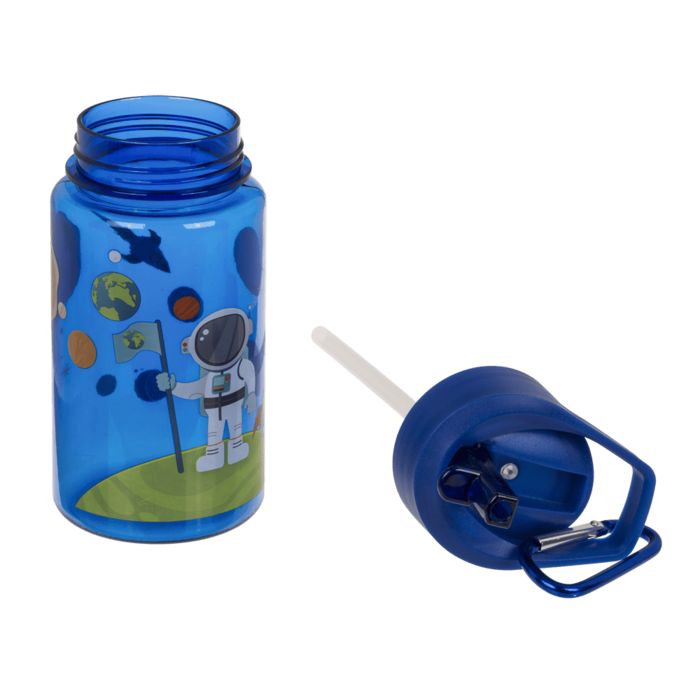 Blauwe drinkfles met ruimtevaartthema. Fles en deksel met rietje. Astronaut met vlag, raket en planeten.