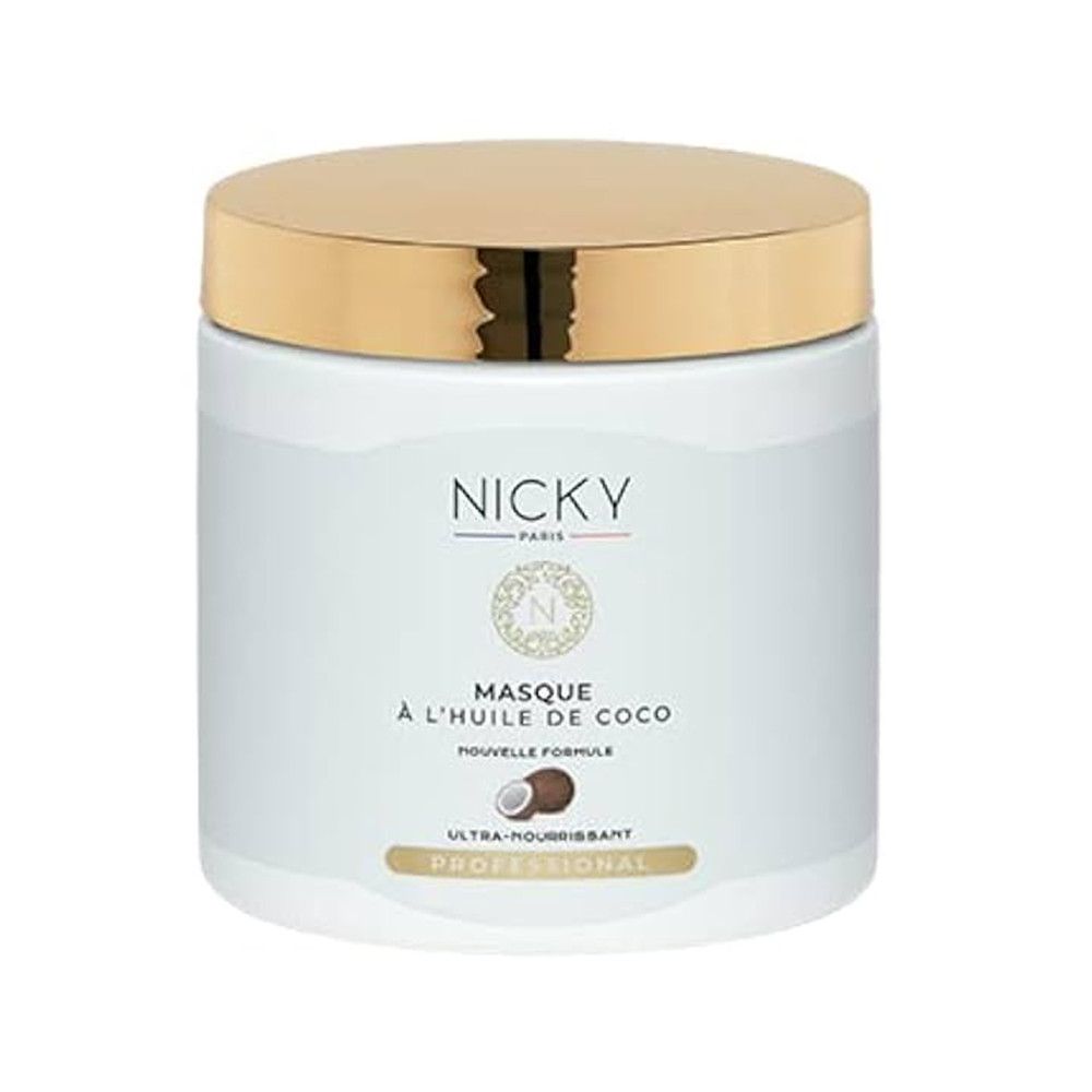 Witte haarmaskerpot met gouden deksel. Opschrift: Nicky Paris, Masque à l'huile de coco, Nouvelle Formule, Ultra-Nourrissant, Professional.