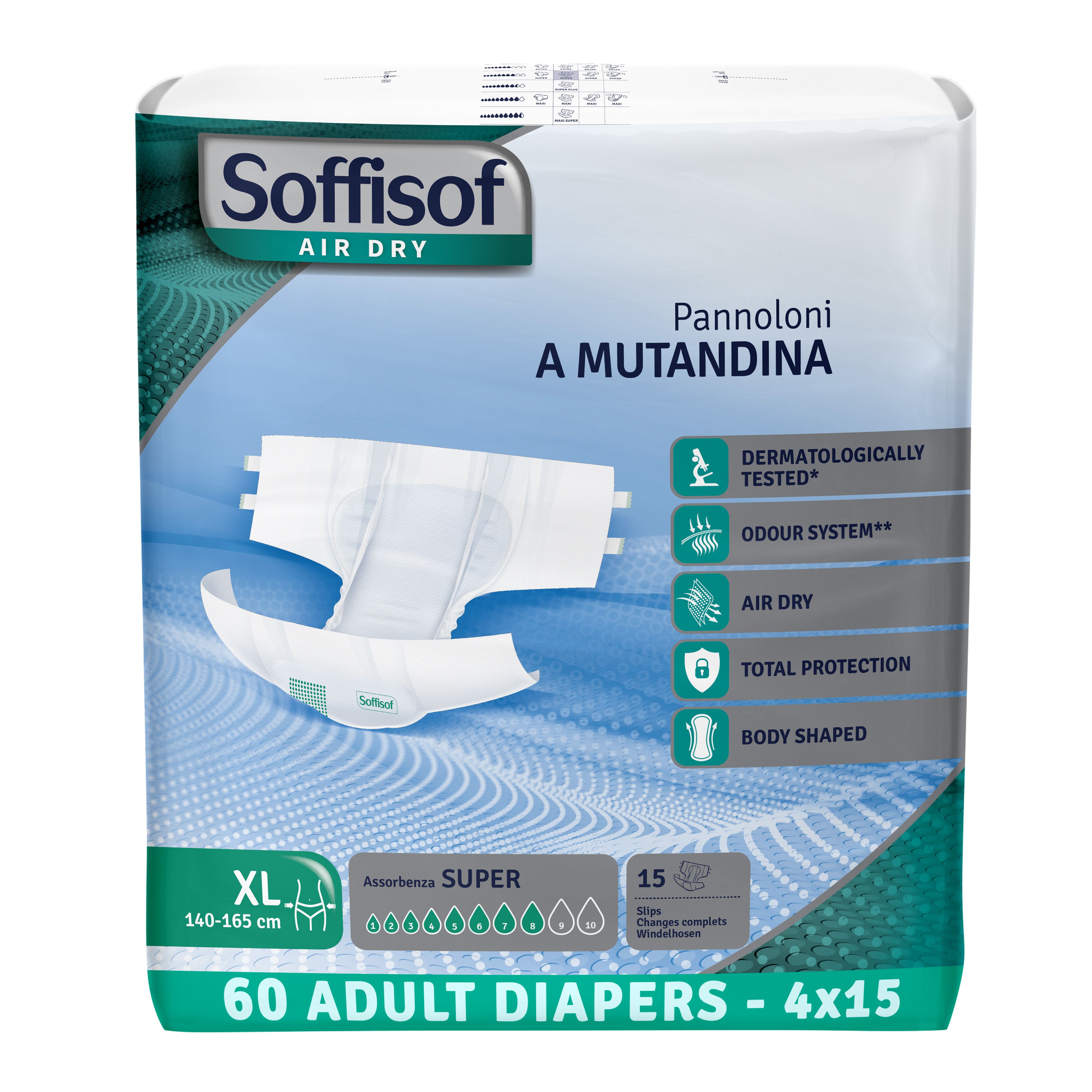 Soffisof Air Dry Super. XL, 140-165 cm. 60 luiers. Dermatologisch getest, geursysteem, Air Dry, totale bescherming, lichaamsvorm.