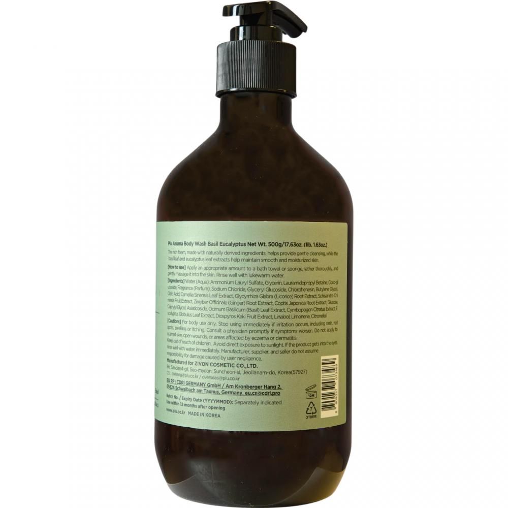 Achterkant van de PLU Aroma Douchegel Basilicum & Eucalyptus fles met ingrediënten.