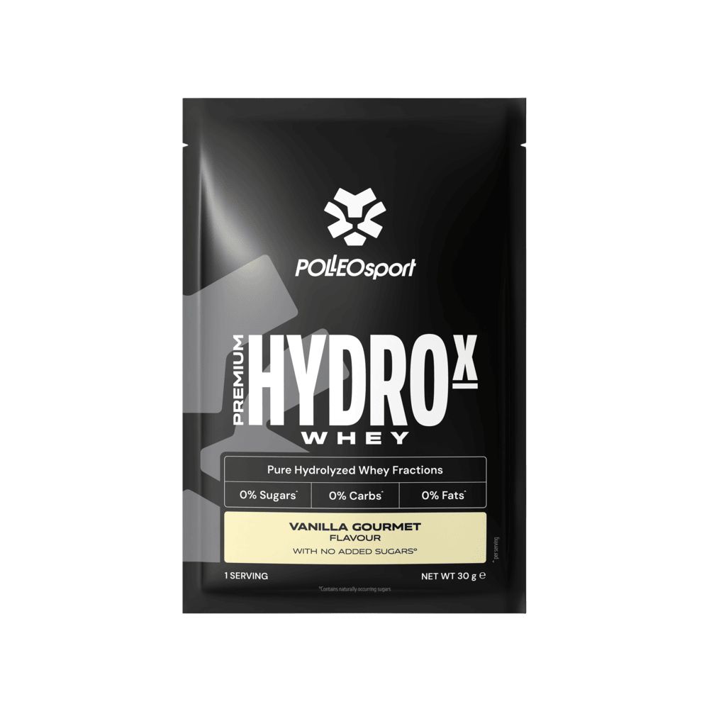 Sachet noir avec texte blanc. Contient HydroX Whey, Pure Hydrolyzed Whey Fractions, 0% sucres, 0% glucides, 0% matières grasses. Saveur vanille.