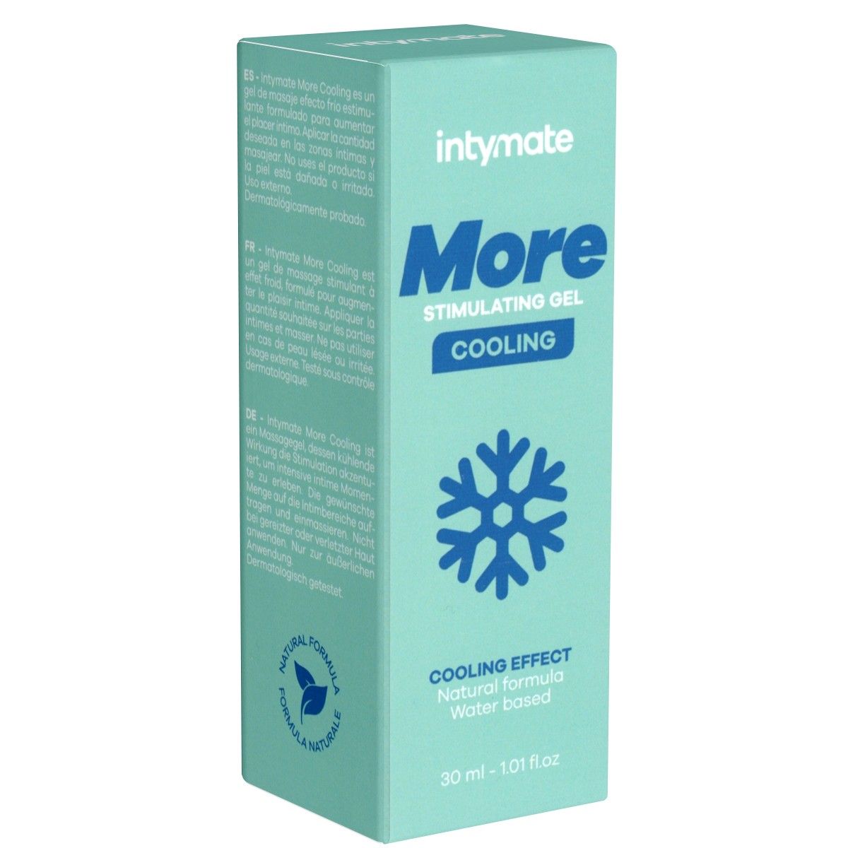 Turquoise doos met "intymate More Cooling". Bevat verkoelende gel. Sneeuwvloksymbool en "Natural formula".