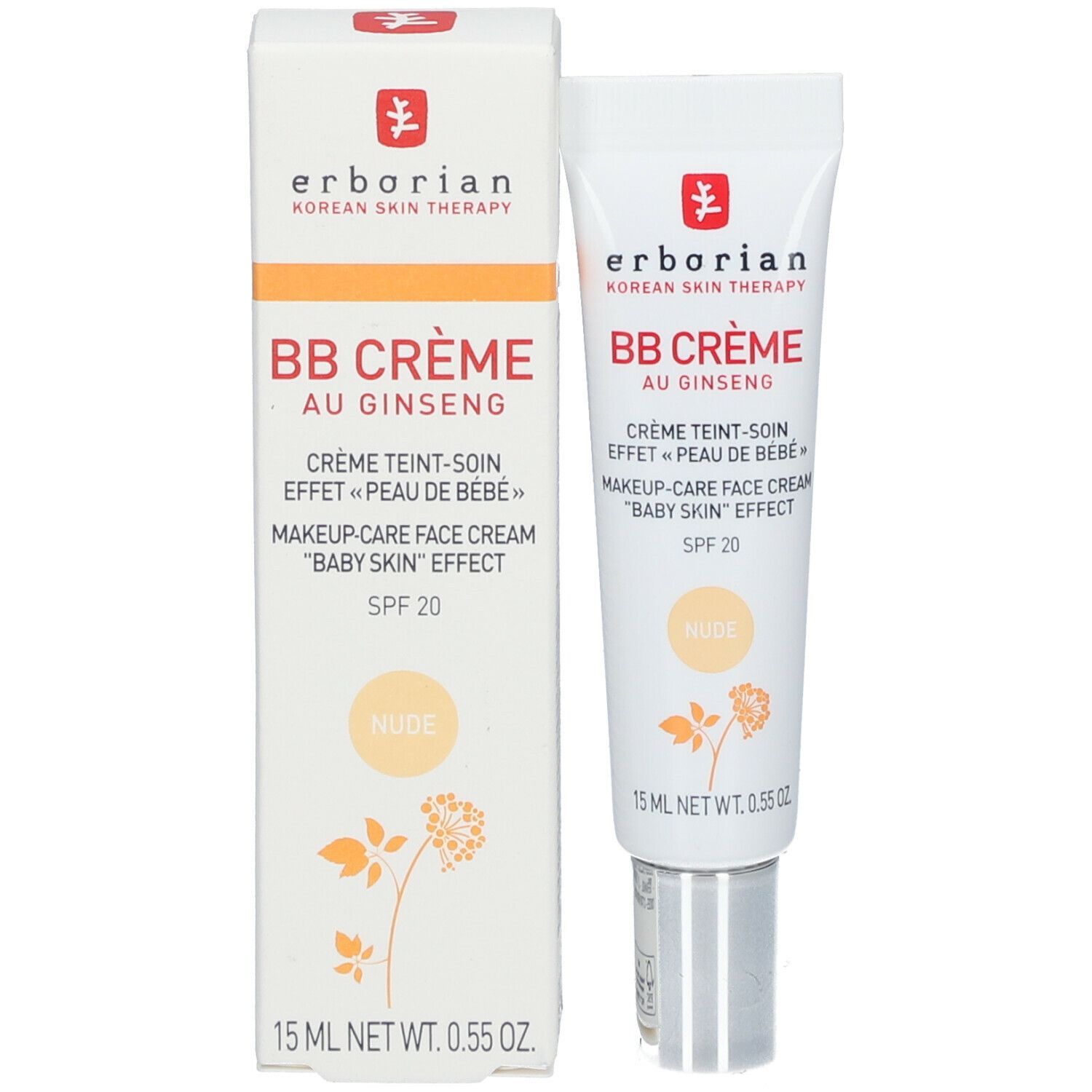 Verpakking en tube BB Crème. Opschrift: BB Crème au Ginseng, SPF 20, Nude. Merk: Erborian.
