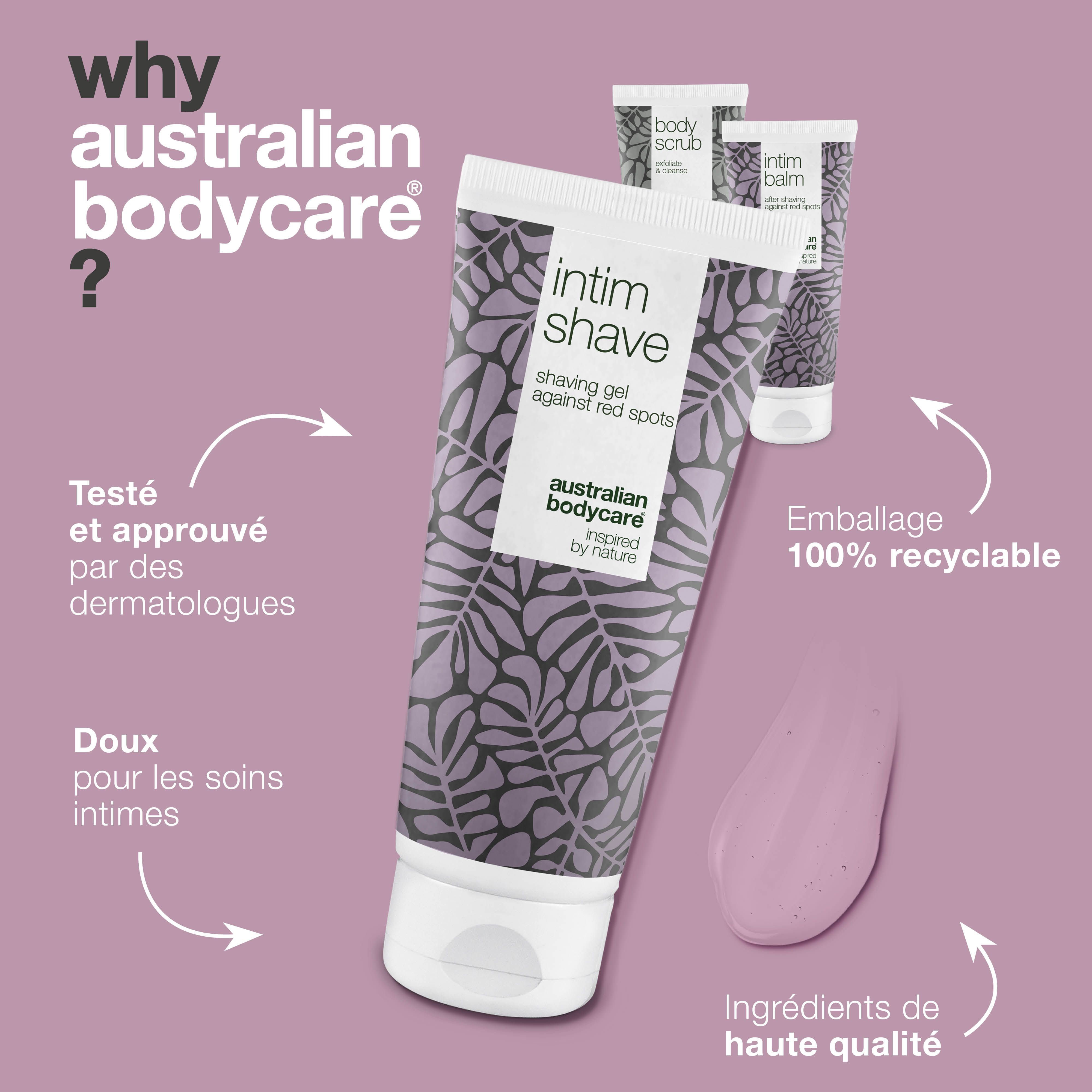 Produit Intim Shave. Texte : Shaving Gel against red spots. Testé et approuvé par des dermatologues. Emballage 100% recyclable. Gel rose.