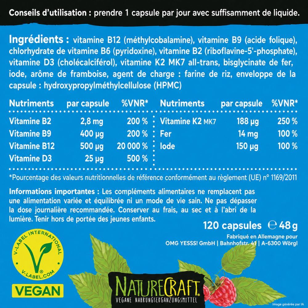 Arrière de l'emballage NatureCraft Vegan Basics avec informations nutritionnelles et ingrédients.