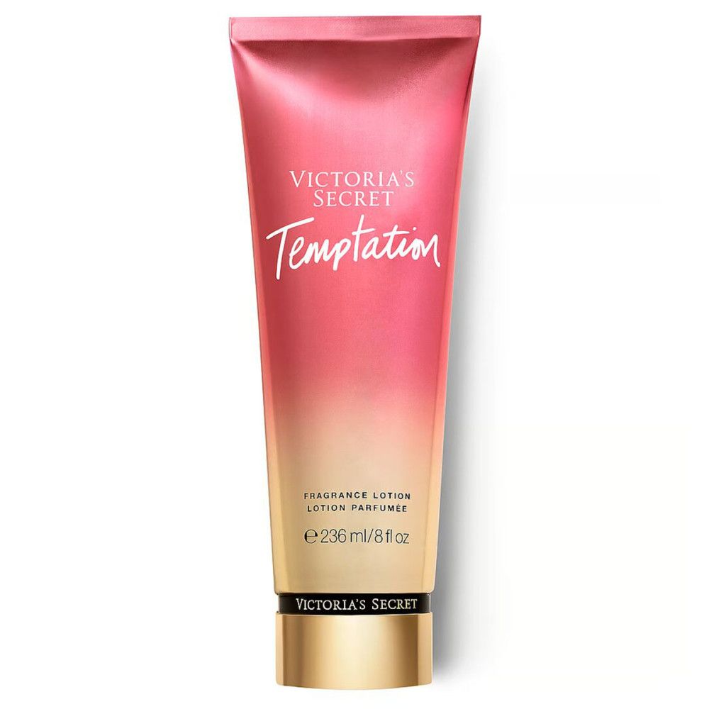 Tube de lotion pour le corps. Dégradé rose et or. Texte: Victoria's Secret, Temptation, Fragrance Lotion, 236 ml/8 fl oz.