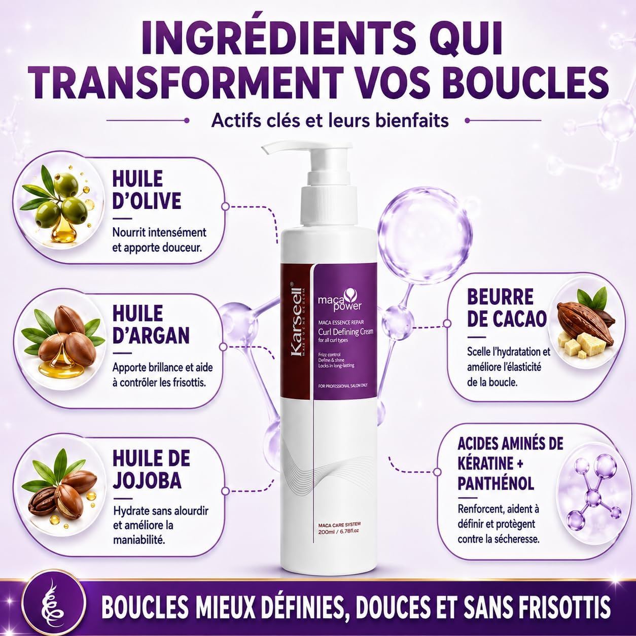 Flacon pompe pour soin des boucles, montrant huile d'olive, d'argan, de jojoba, beurre de cacao et kératine.