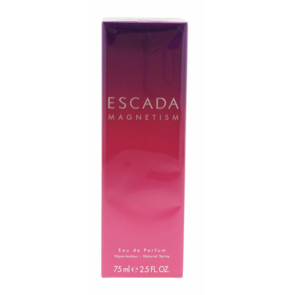 Emballage étroit, vertical, dans des tons rose-violet. Inscription : ESCADA MAGNETISM. Texte : Eau de Parfum, 75 ml.