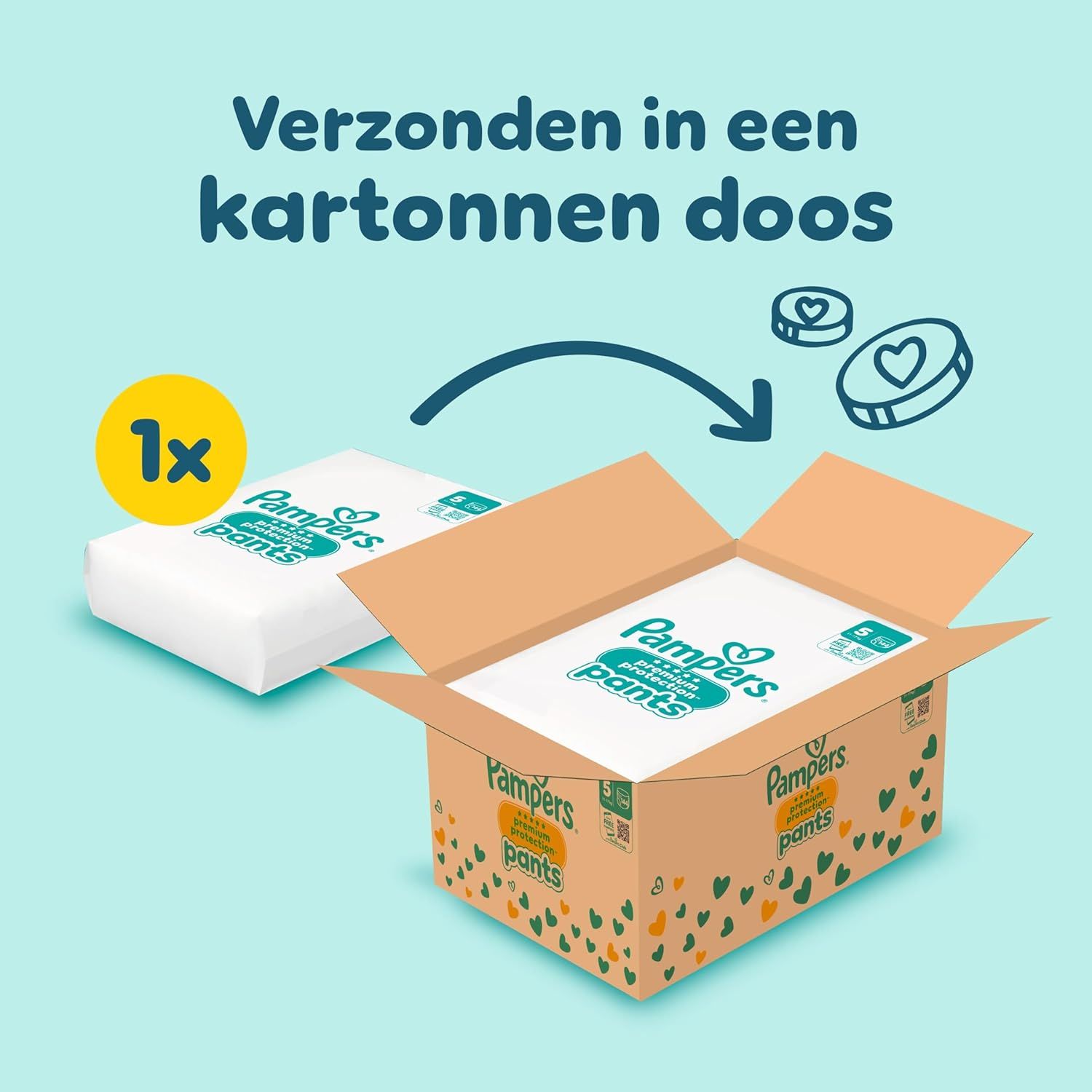 Pampers Pants luiers in een open kartonnen doos, met ernaast een losse verpakking.