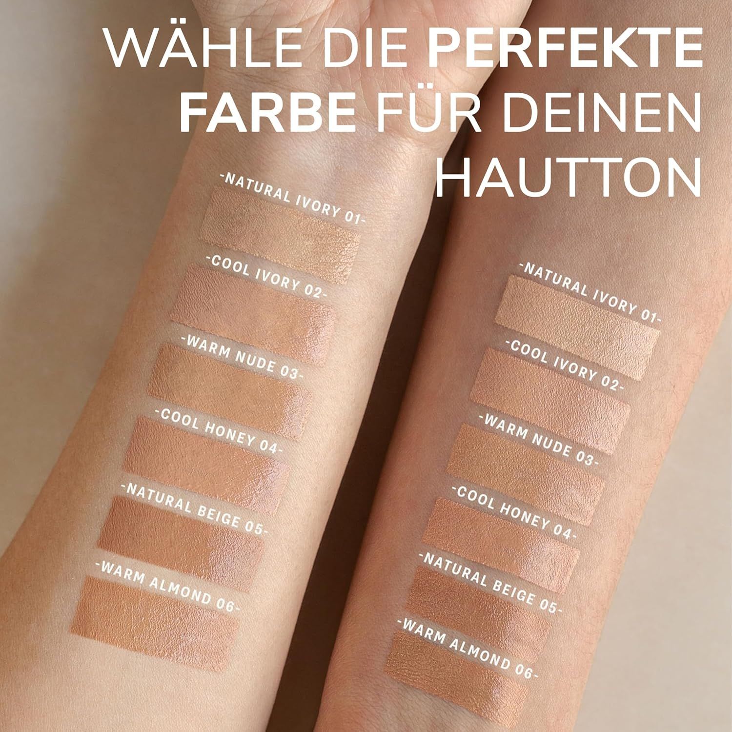 Bras avec échantillons de couleurs de Lavera Hyaluron Liquid Foundation. 6 teintes appliquées. Inscription : Warm Almond 06.