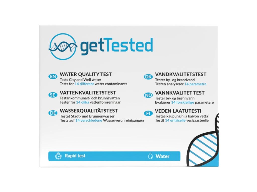 Boîte de test GetTested. Face avant avec logo et textes en plusieurs langues : test de qualité de l'eau.