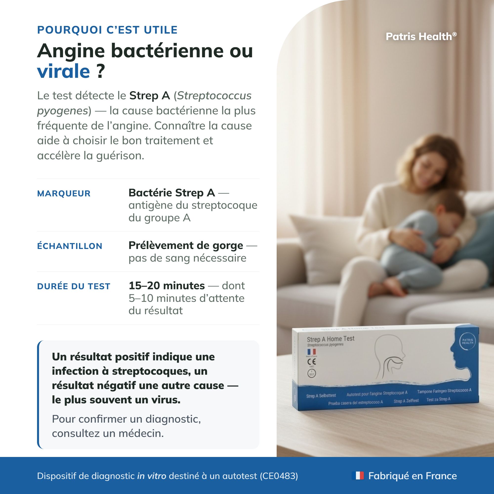 Page française sur l'utilité du test rapide Strep A Patris Health.