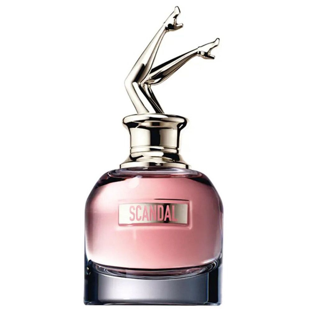 Roze fles met gouden dop in de vorm van benen. Opschrift "SCANDAL".