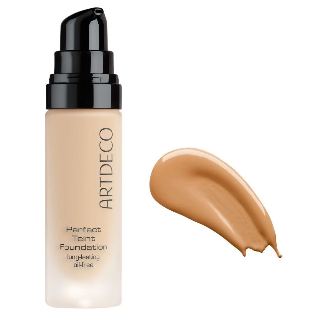 Artdeco Perfect Teint Foundation fles met zwarte pomp en kleurensample. Opschrift: Perfect Teint Foundation, long-lasting oil-free.