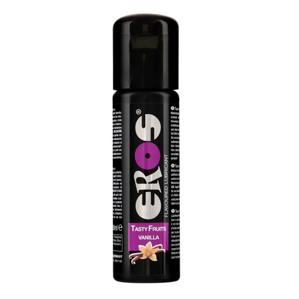 Flacon noir avec bouchon rabattable. Inscription EROS, Tasty Fruits Vanilla. Illustration d'une gousse de vanille.