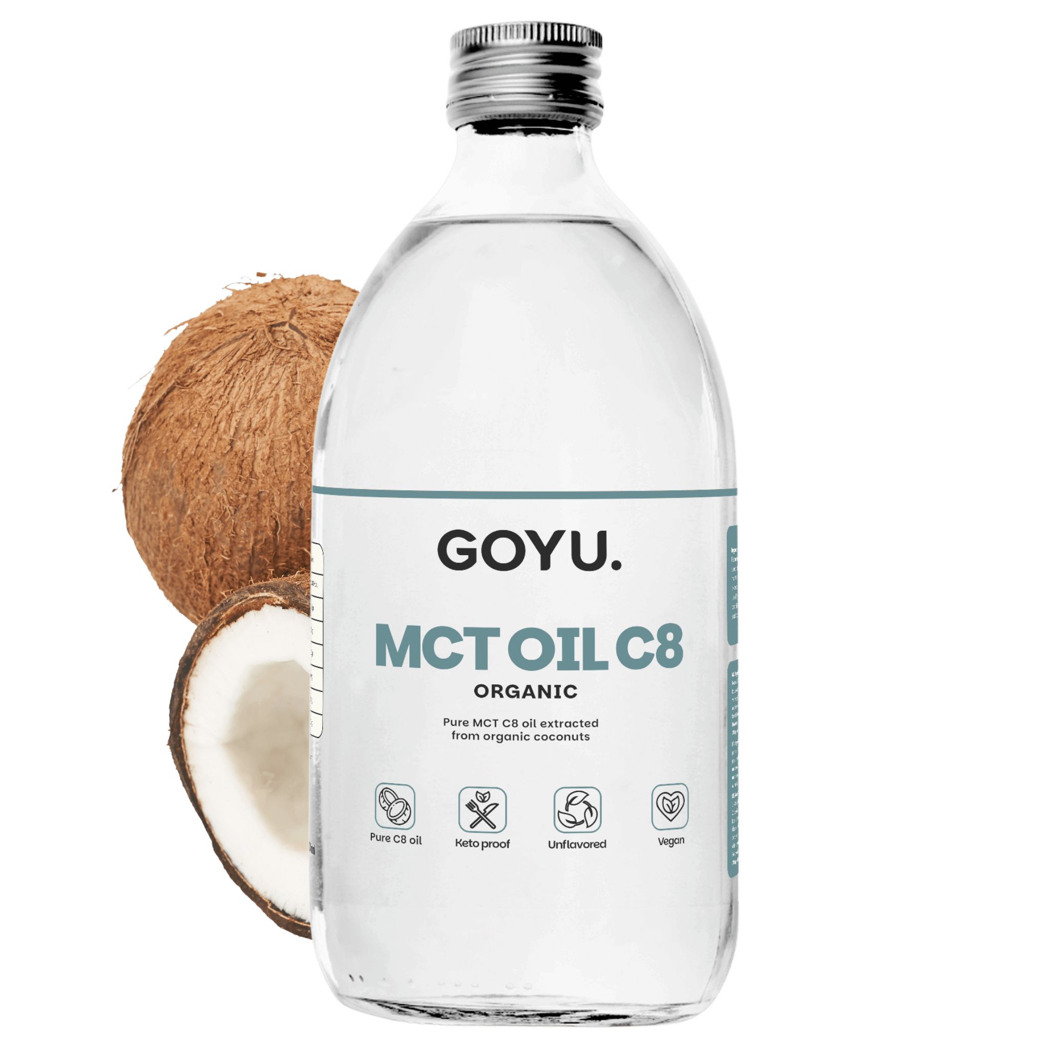 GOYU MCT Oil C8. Glazen fles met olie, kokosnoot ernaast. Vegan, zonder toevoegingen, smaakneutraal.