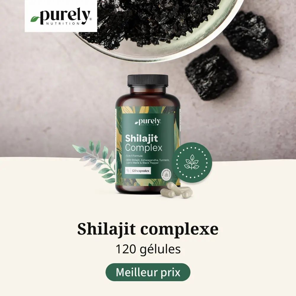 Shilajit Complex, 120 gélules. Flacon brun, couvercle noir. Inscription: Pour le quotidien, la force mentale et la vitalité.