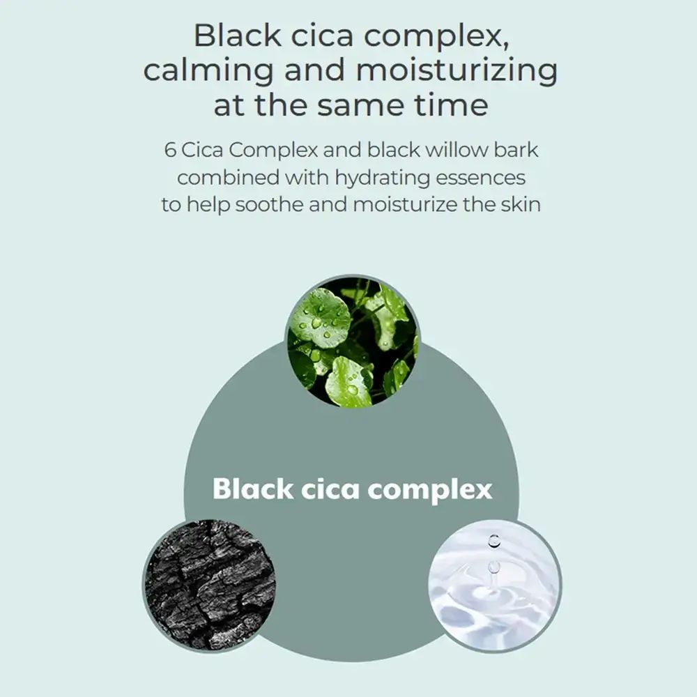 Afbeelding met tekst: "Black cica complex, calming and moisturizing at the same time". Drie cirkels met ingrediënten.