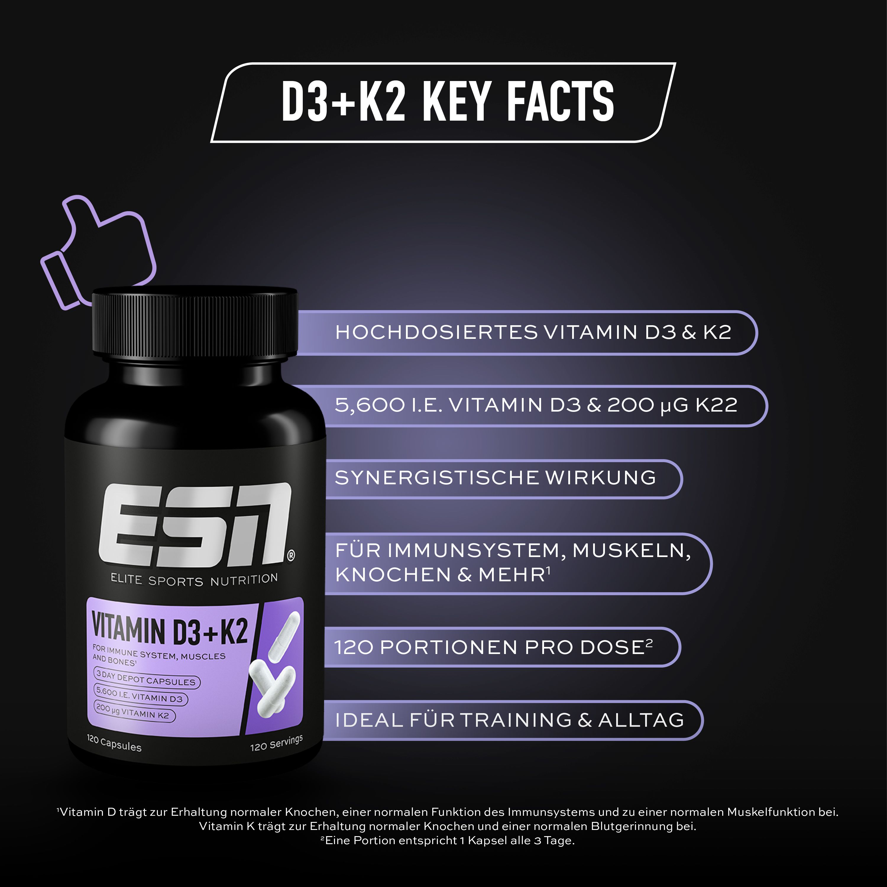 ESN Vitamine D3+K2 pot met 'Key Facts': Hoge dosering, 5.600 IE Vitamine D3, synergetische werking, 120 porties.