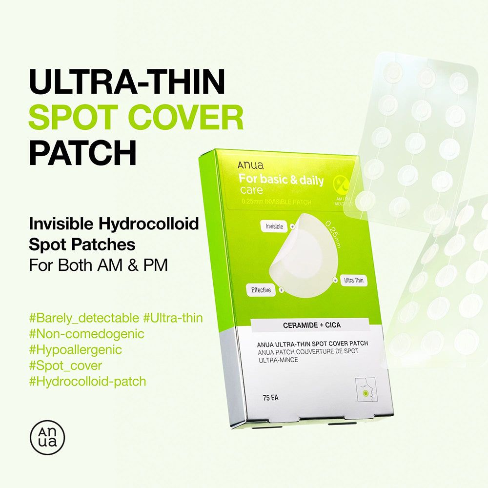 Productafbeelding met groene verpakking. Tekst: Ultra-Thin Spot Cover Patch, Anua. Ronde, transparante pleisters. 75 stuks.
