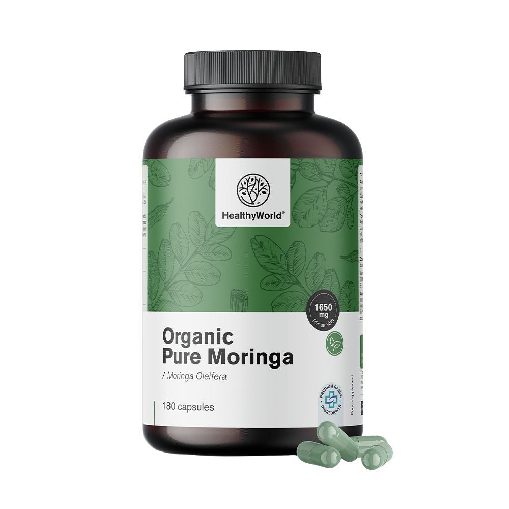 Bruine fles met groene capsules. Opschrift: Organic Pure Moringa, 1650 mg, 180 capsules. Logo: HealthyWorld.