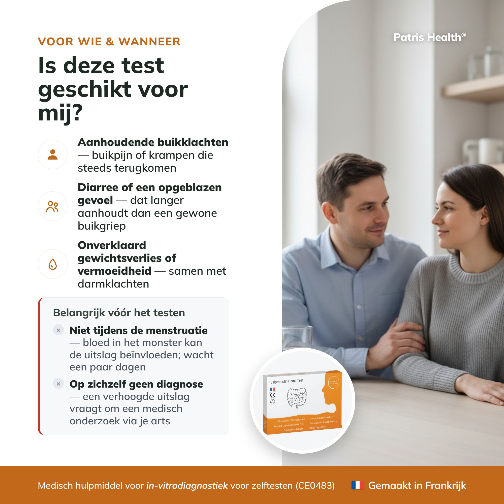 Nederlandse versie: Voor wie is de Calprotectin-test geschikt, met koppel op achtergrond.