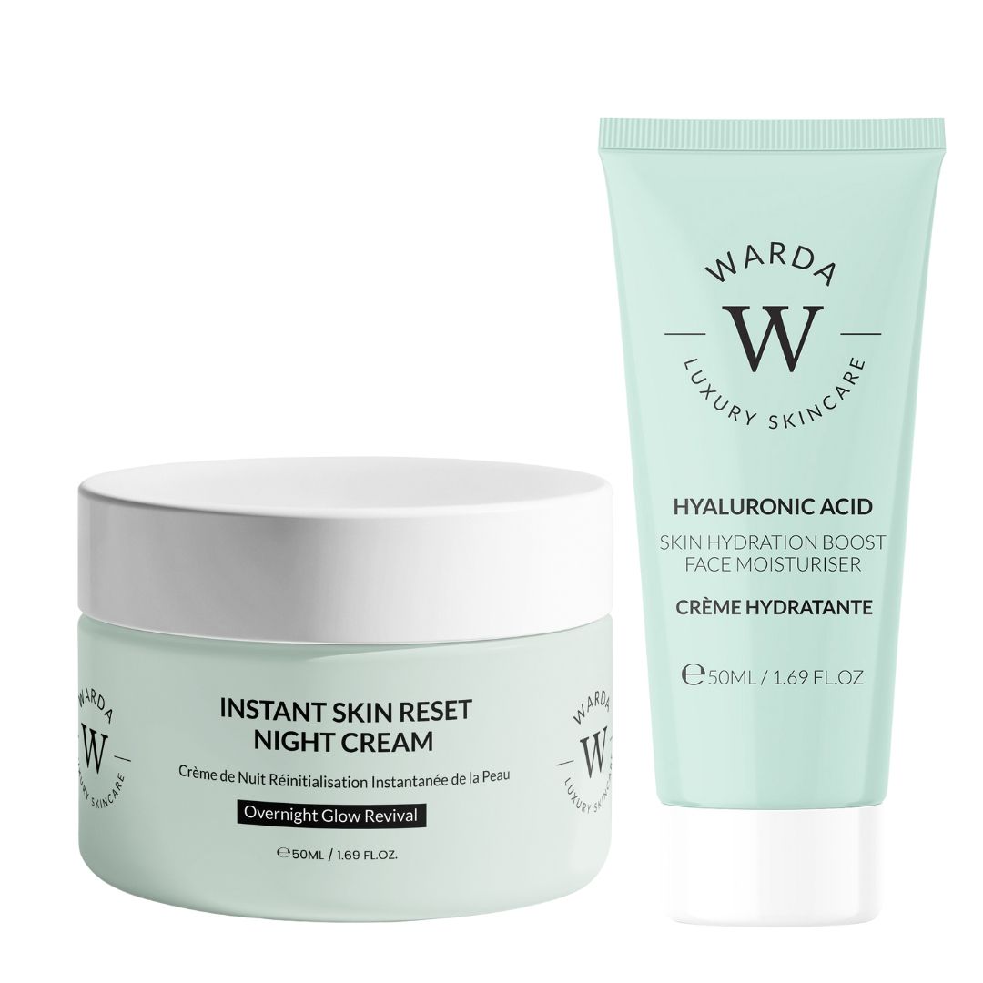 Deux produits : pot et tube. Vert clair avec texte blanc. Inscriptions : Warda Luxury Skincare, Instant Skin Reset Night Cream, Crème hydratante à l'acide hyaluronique.