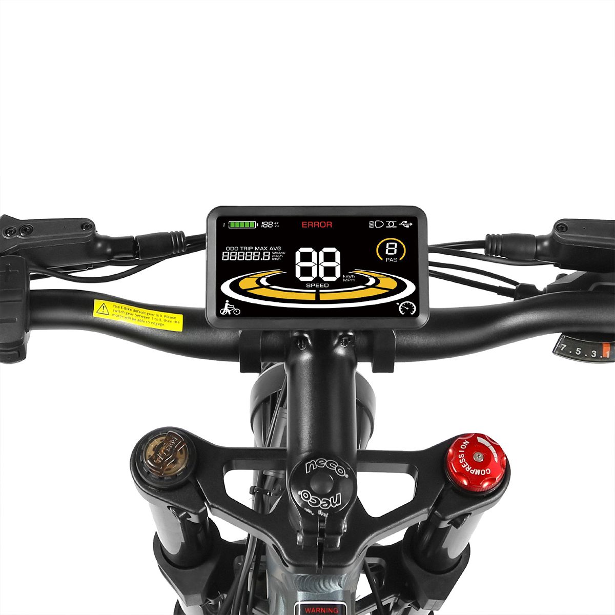 Fietscomputer met display. Toont snelheid, batterij, fouten. Zwart frame.