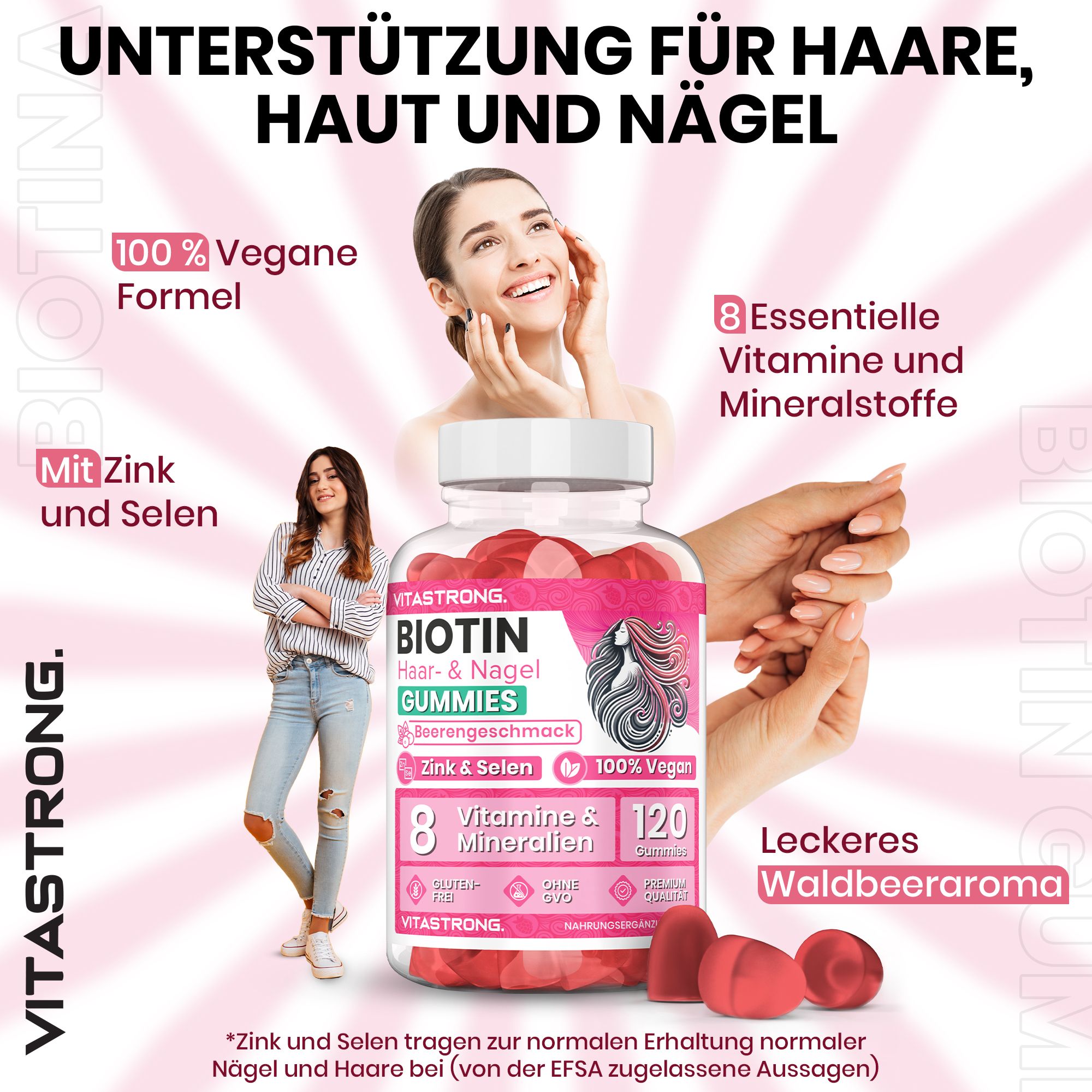 Pot de gummies rouges. Inscription : Vitastrong Biotine Gummies, 120 gummies, 8 vitamines et minéraux. 100% végétalien.