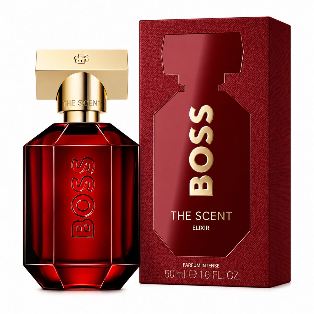 Hugo Boss The Scent Elixir Parfum Intense flesje en doos in rood en goud.