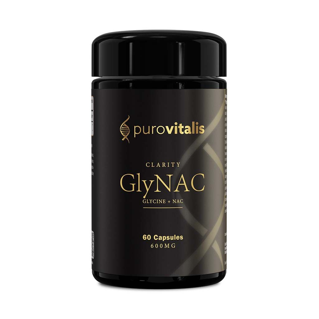Zwarte fles met GlyNAC Clarity. Bevat 60 capsules. Merk: purovitalis.