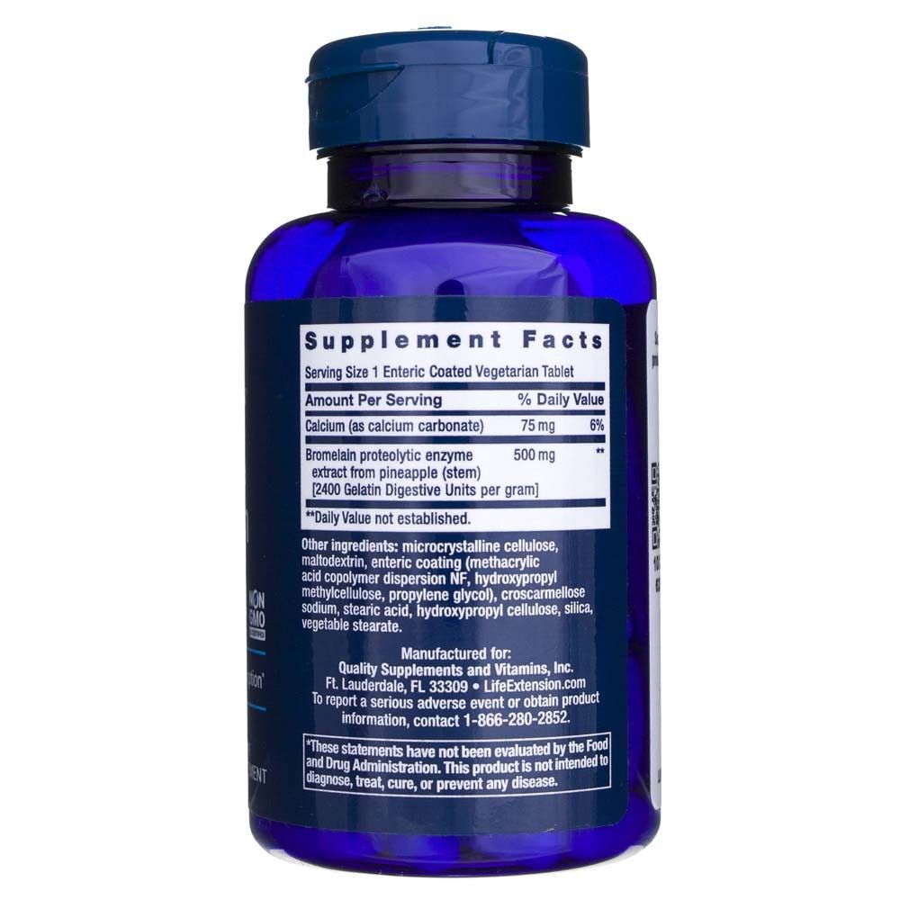Arrière d'une bouteille bleue avec les informations nutritionnelles et les ingrédients du complément Life Extension Bromélaïne.