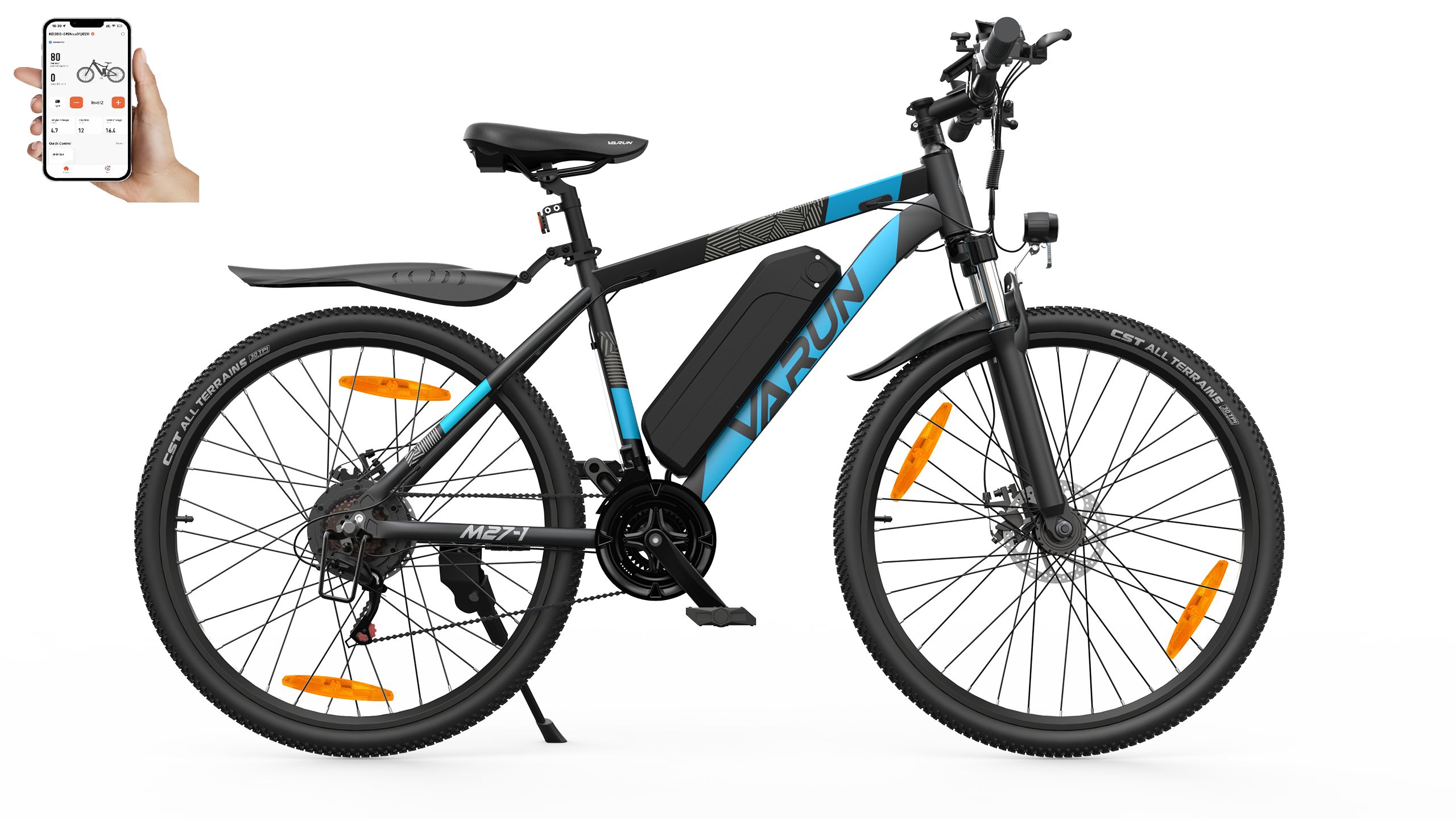 Zwarte e-bike met blauwe accenten. VARUN-logo op het frame. Smartphone app-besturing.