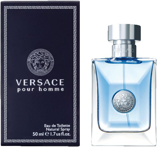Donkerblauwe doos en fles. Op de doos: Versace Pour Homme, Medusa-logo. Fles: lichtblauwe vloeistof, zilveren dop.