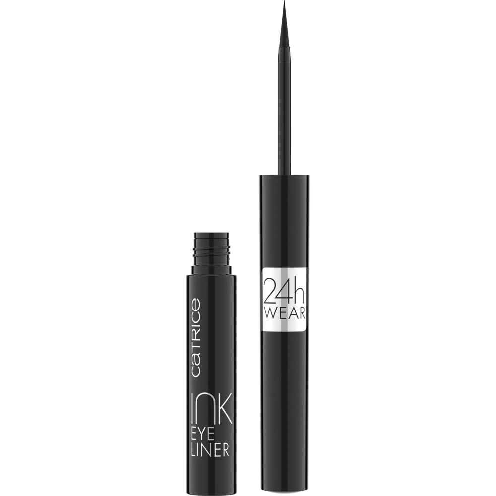 Eyeliner noir avec pinceau. Inscription : Catrice, Ink, Eye Liner, 24h Wear. Flacon ouvert.